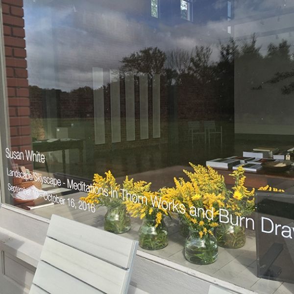 Flowers in vases in front of a window that says susan white