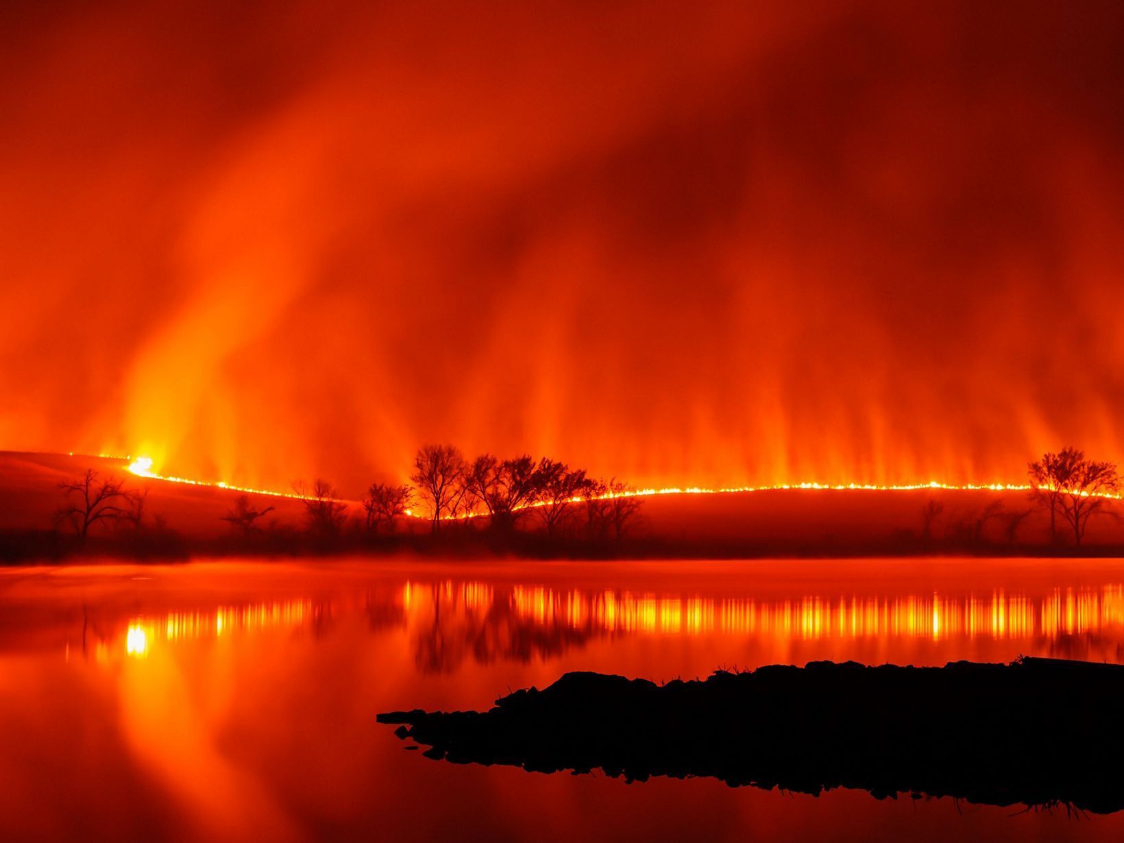 Wildfire blazing across a hillside, reflecting in a calm lake. Intense orange and red hues dominate the scene.
