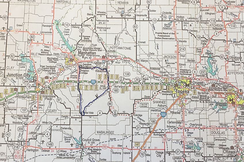 Map showing routes and towns in an area; highlighted text spells