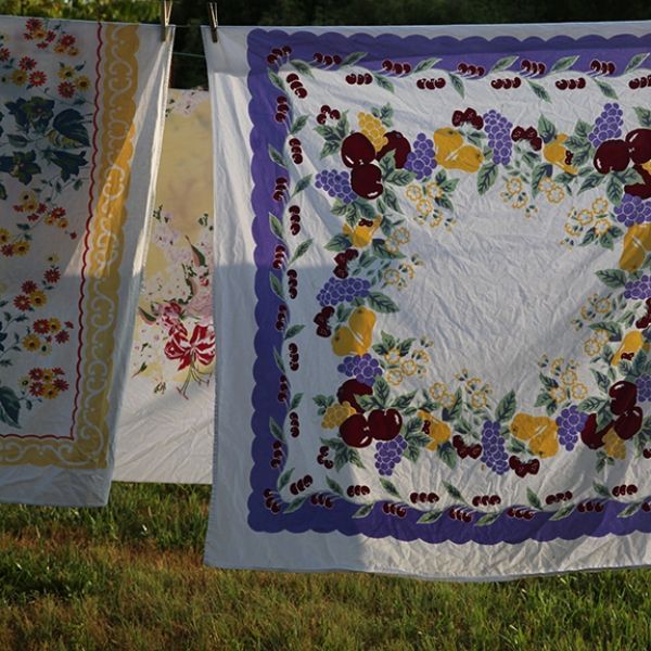 A white cloth with a purple floral design hangs on a clothes line