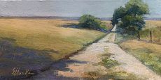 A painting of a dirt road going through a field.