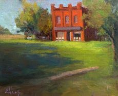 A painting of a red brick building in the middle of a grassy field.