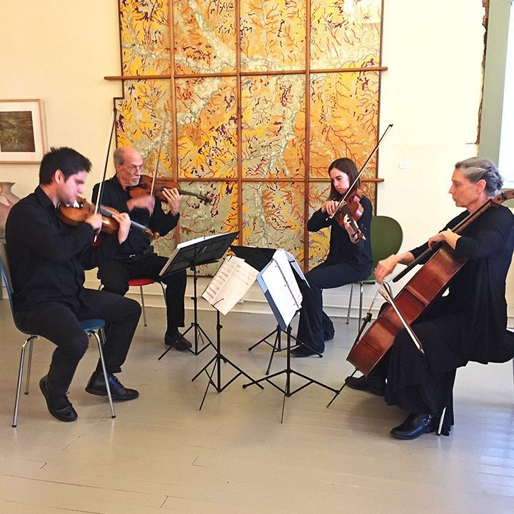 A group of people playing violins and cello in a room