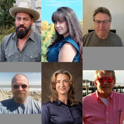 Six diverse faces, including a bearded man in a hat, a woman with long hair, and a man with red sunglasses.