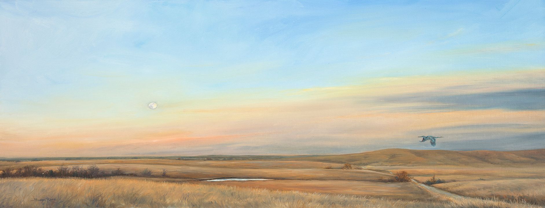 A vast, open landscape under a colorful sky. Grassy fields lead to a distant hill, with a flying bird.