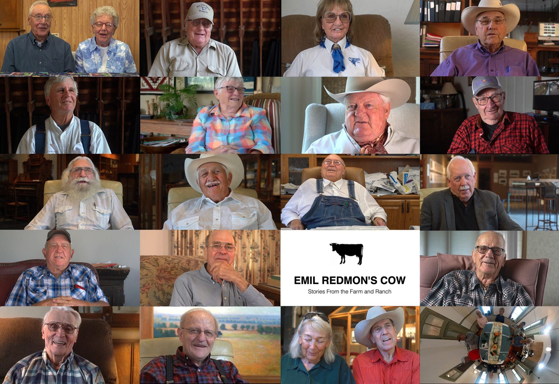 Grid of 20 senior men, mostly in cowboy hats, smiling, on video calls.