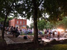 A group of people are sitting in a park watching a concert.