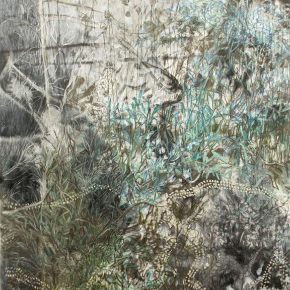 Abstract artwork with textured plants in muted greens and blues.