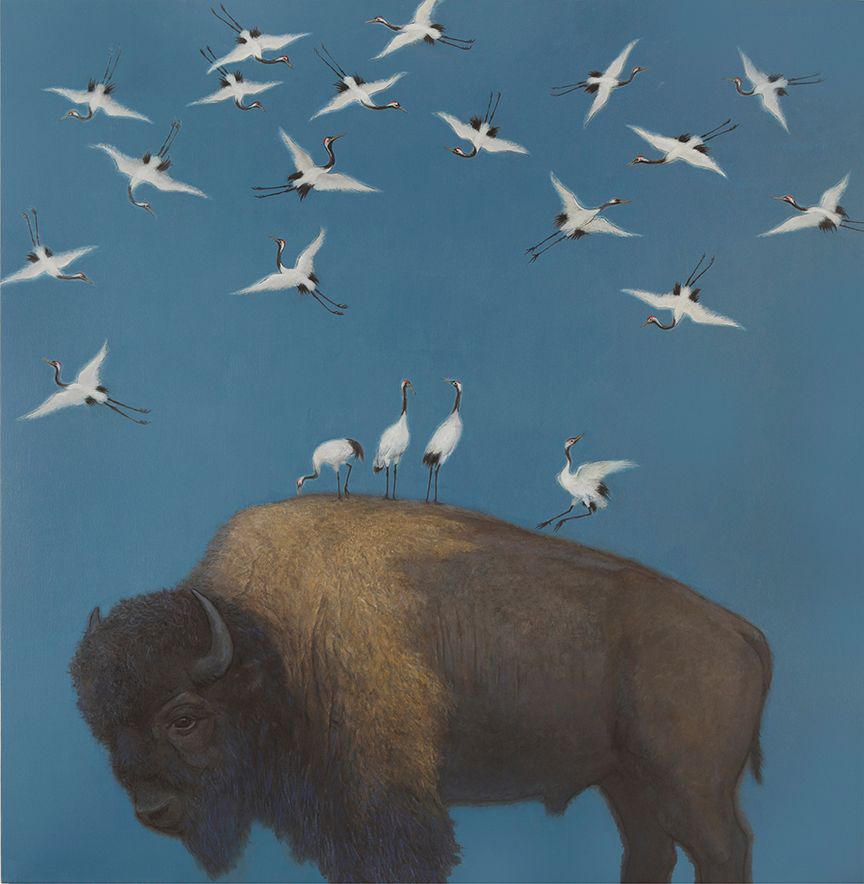 A painting of a bison with birds flying around it
