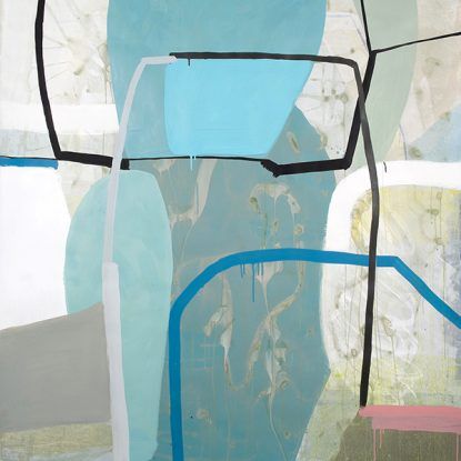 A painting with blue and white lines on a white background