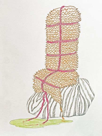 A textured, cylindrical form bound with red string sits atop a striped base, with green liquid below.