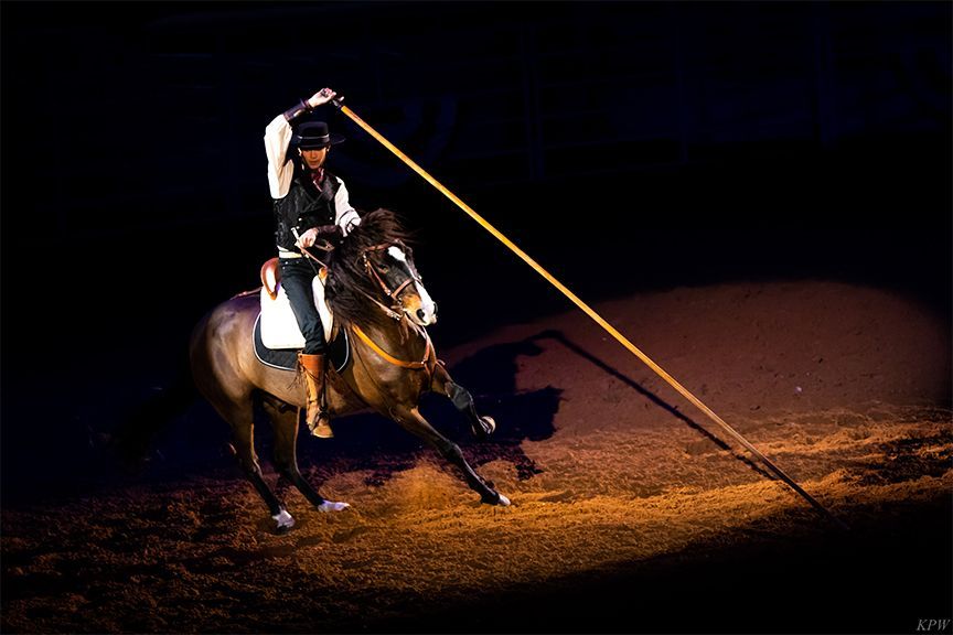 A man riding a horse with a yellow stick in his hand