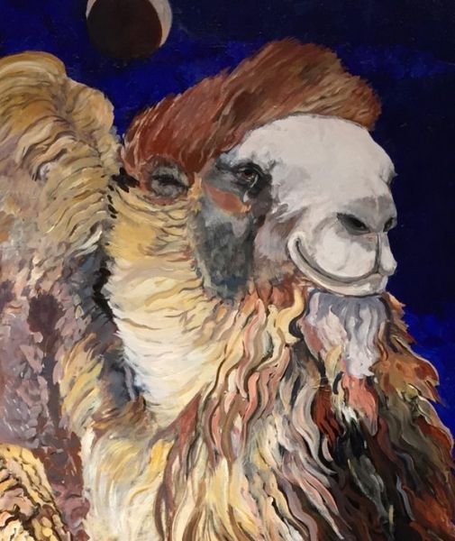 A painting of a camel with a moon in the background
