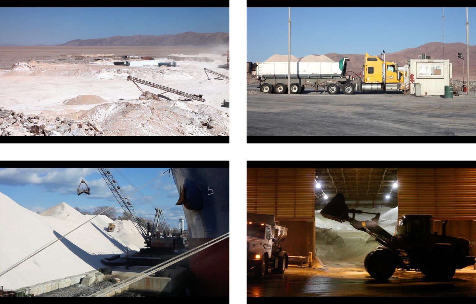 Salt mining operation: open pit, truck loading, ship loading, and storage.