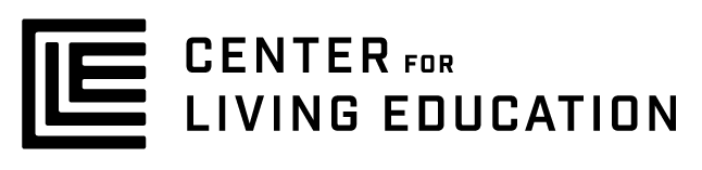 A black and white logo for the center for living education