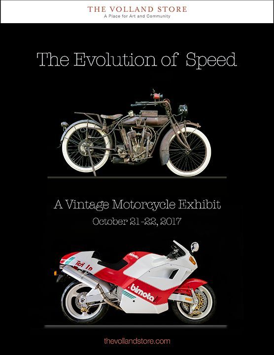 A poster for the evolution of speed a vintage motorcycle exhibit.