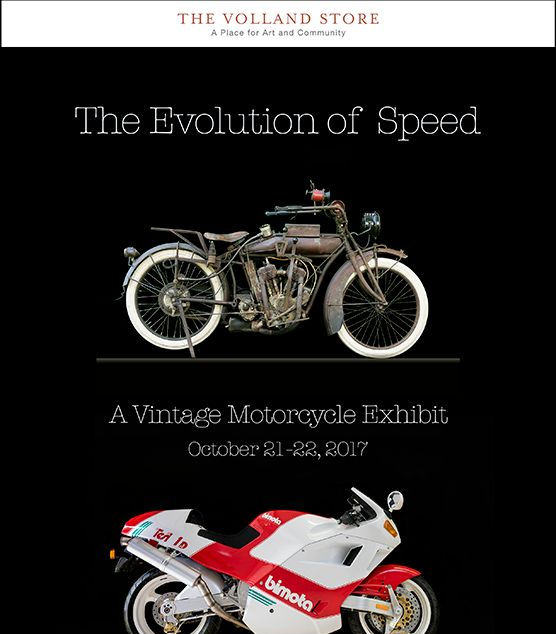 A poster for the evolution of speed a vintage motorcycle exhibit.