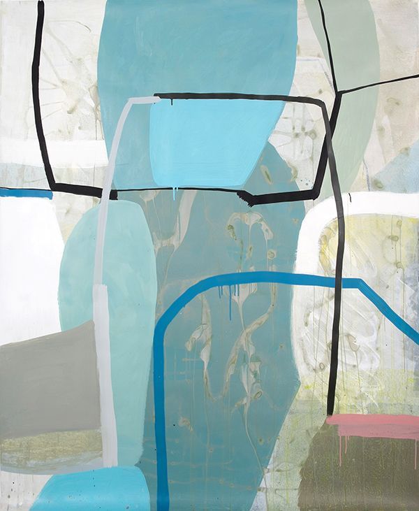 Abstract painting with blue, black, and gray shapes. Lines and organic forms overlap on a textured background.