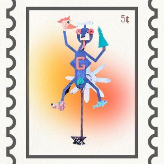 Whimsical sculpture on a stamp; colorful figure with outstretched arms holds various shapes.