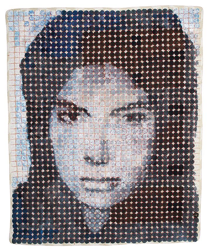 Portrait of a woman's face, created with small, dark circles on a grid. Neutral expression, blue and brown tones.