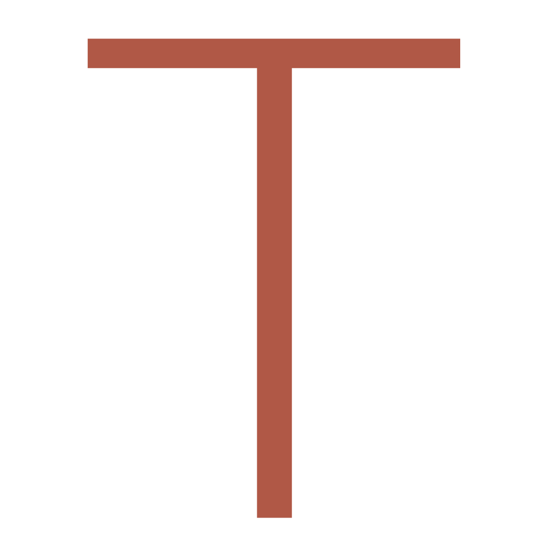 A red letter t on a white background.