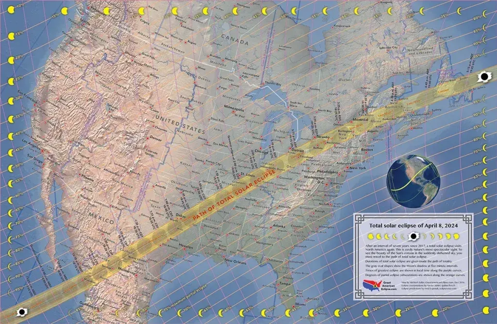 Map of the US showing the path of a solar eclipse. The path cuts diagonally across the country.