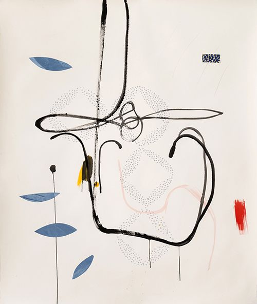 Abstract ink drawing with black lines, blue leaf shapes, and a red rectangle on a white background.