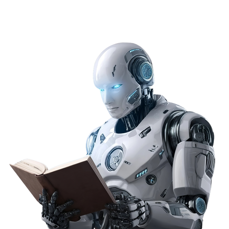 Robot, white with glowing blue eyes, reads a book.