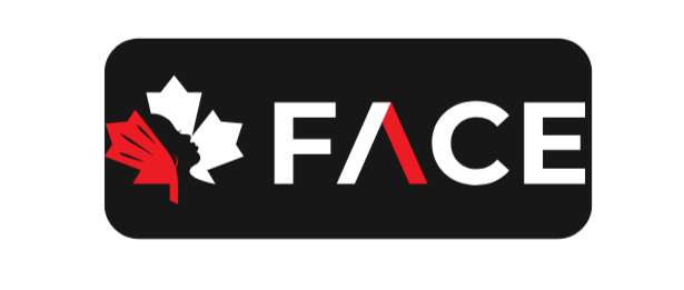 Black rectangle with "FACE" in white, red "A", Canadian maple leaf logo.