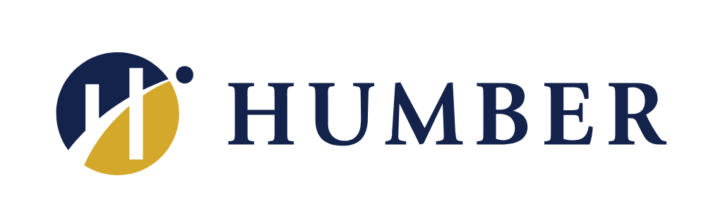 Logo for Humber College featuring a blue and gold "H" symbol and the word "HUMBER."
