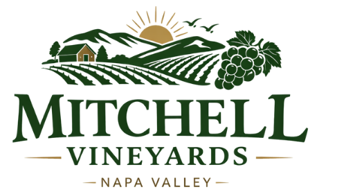 Mitchell Vineyards logo: vineyard landscape with mountains, sun, grapes, and text 
