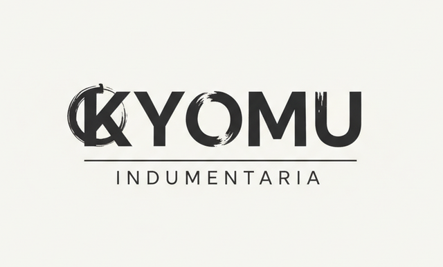 Logotipo de KYOMU con círculos de pinceladas, texto negro 