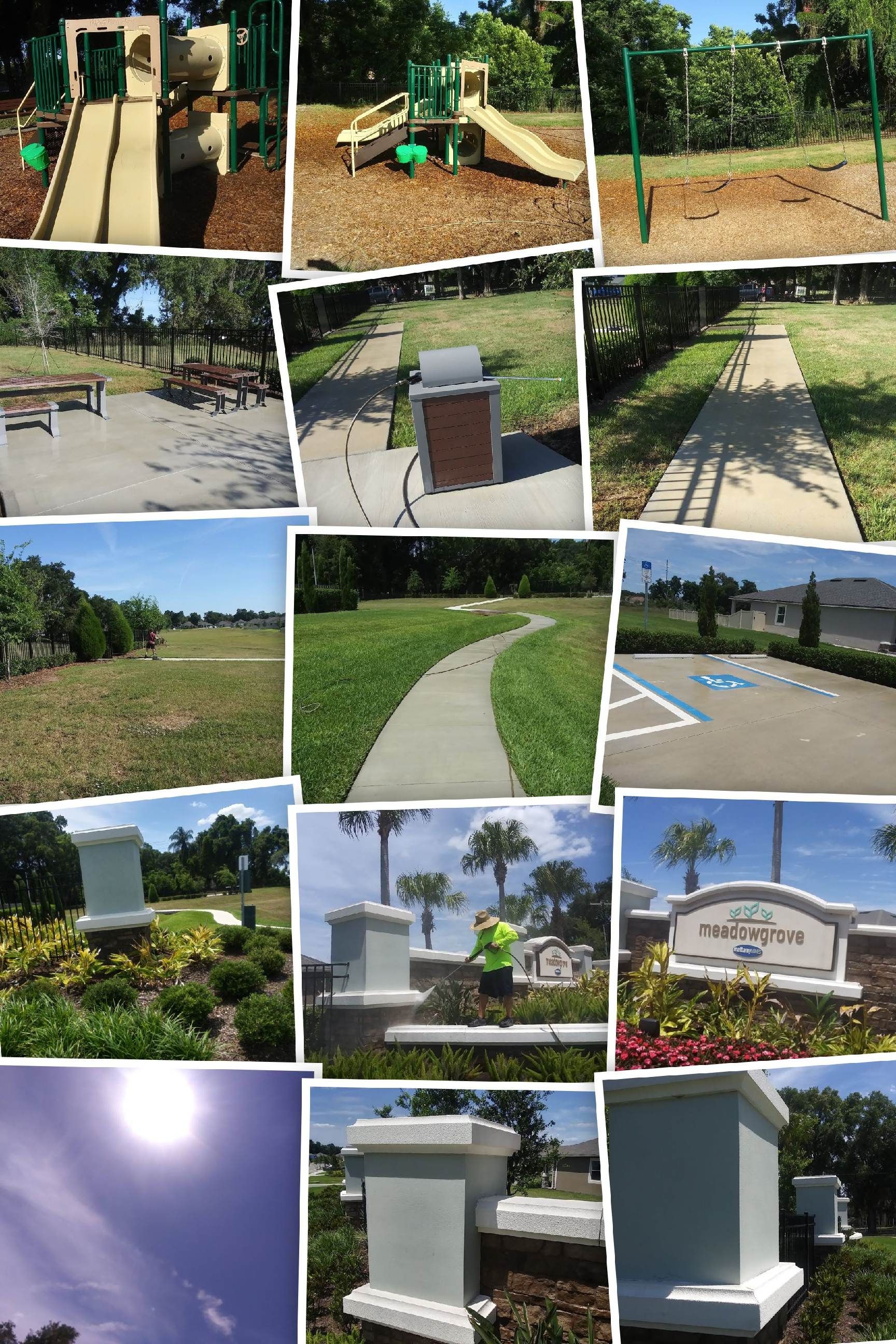 Collage of a park featuring playground, walking paths, grilling area, and entrance sign.