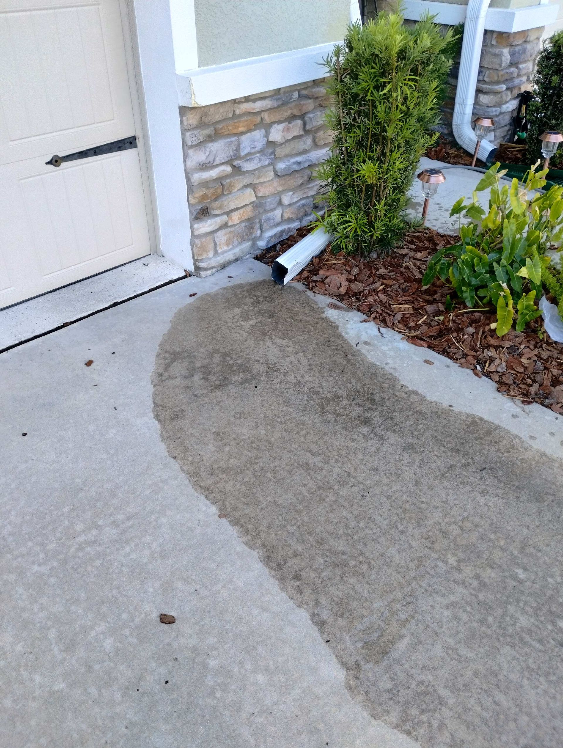 Water from a downspout puddles on a concrete driveway near a house with a garage door and landscaped area.