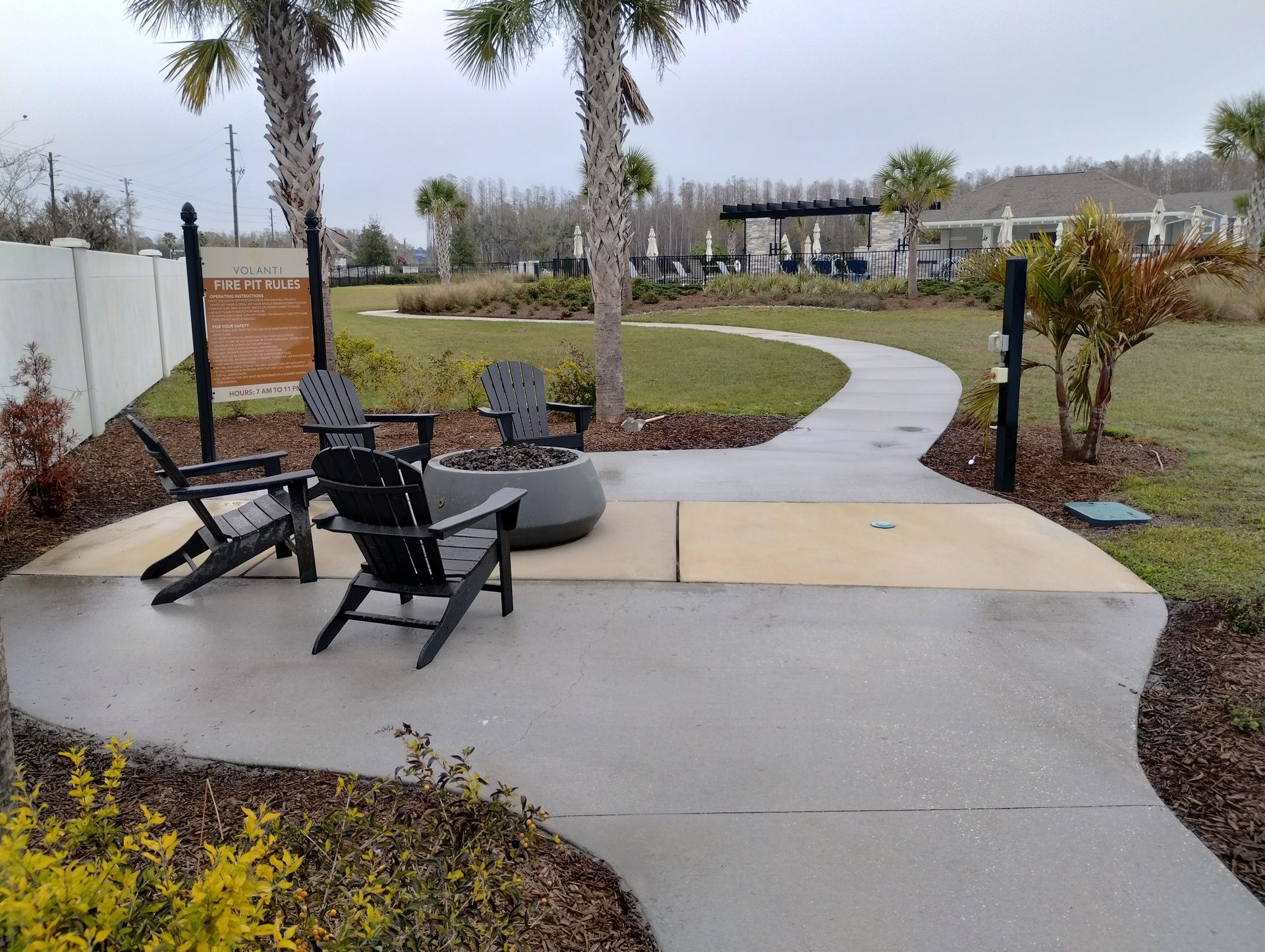 Outdoor seating area with chairs around a fire pit, a curved walkway, and palm trees.
