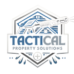 Logo: Blue and gray, depicts a house, pressure washer, and text "TACTICAL PROPERTY SOLUTIONS".