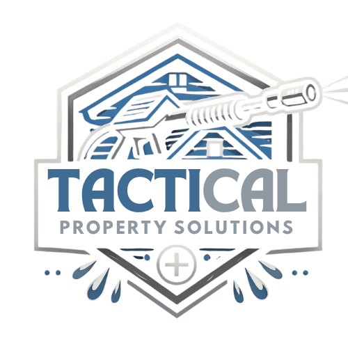 Logo: Blue and gray, depicts a house, pressure washer, and text "TACTICAL PROPERTY SOLUTIONS".