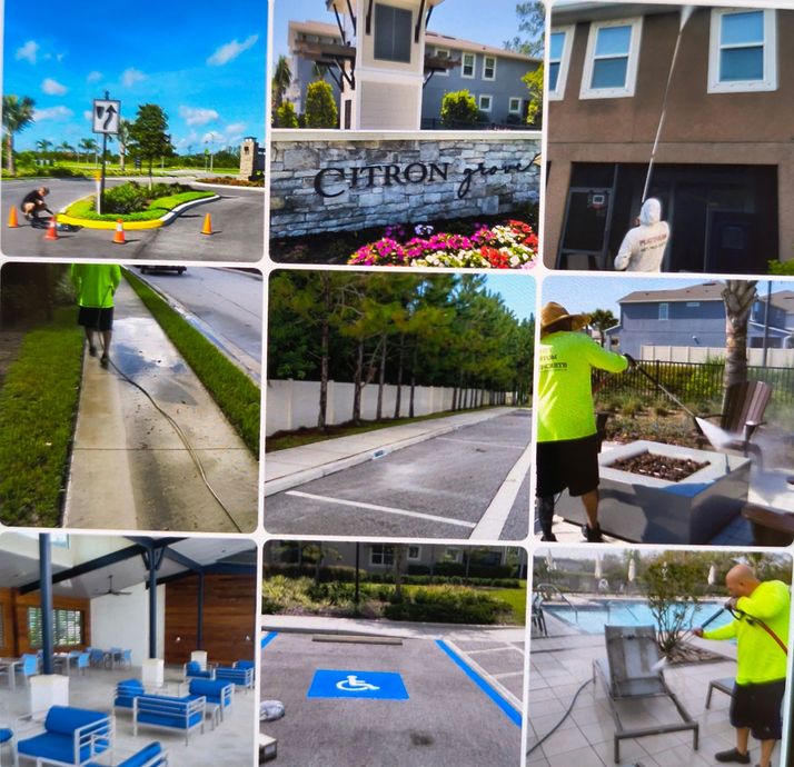 A collage of commercial exterior cleaning:  pressure washing a building, sidewalks, and amenities, including a pool.