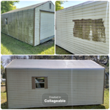 Before and after shots of a shed: top shows a dirty shed, after cleaning. The bottom shows clean, light beige shed.