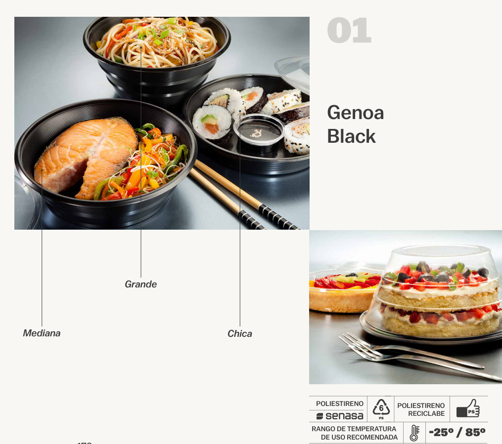 Platos para llevar que contienen fideos salteados, un filete de salmón con verduras y rollos de sushi