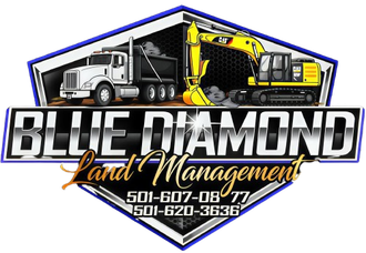 Logo for Blue Diamond Land Management with a truck, excavator, and phone numbers.