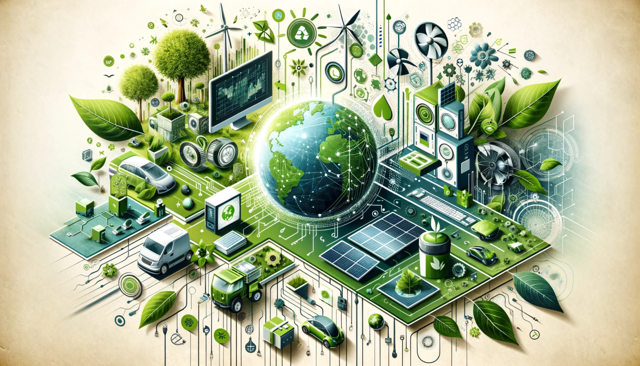 An isometric illustration of a green city with a globe in the middle surrounded by green leaves.