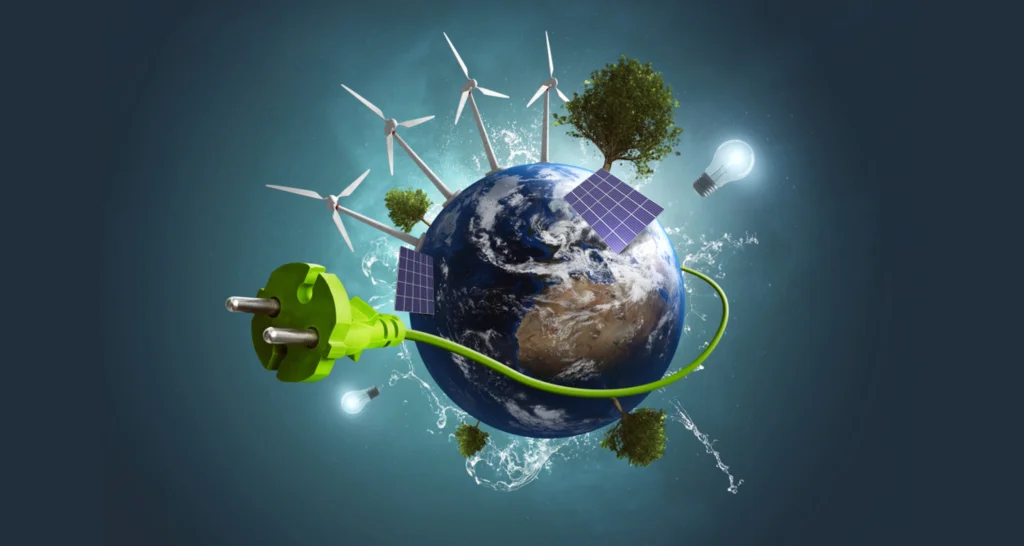 The earth is surrounded by windmills , solar panels , and a green plug.