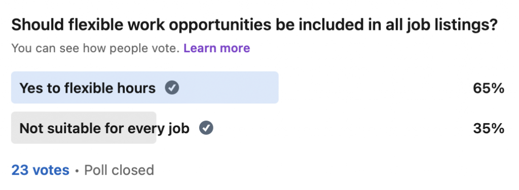 A poll asking if flexible work opportunities should be included in all job listings