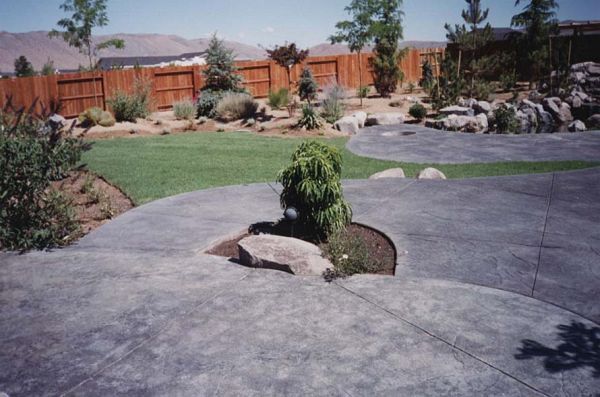 A concrete patio with a tree in the middle of it