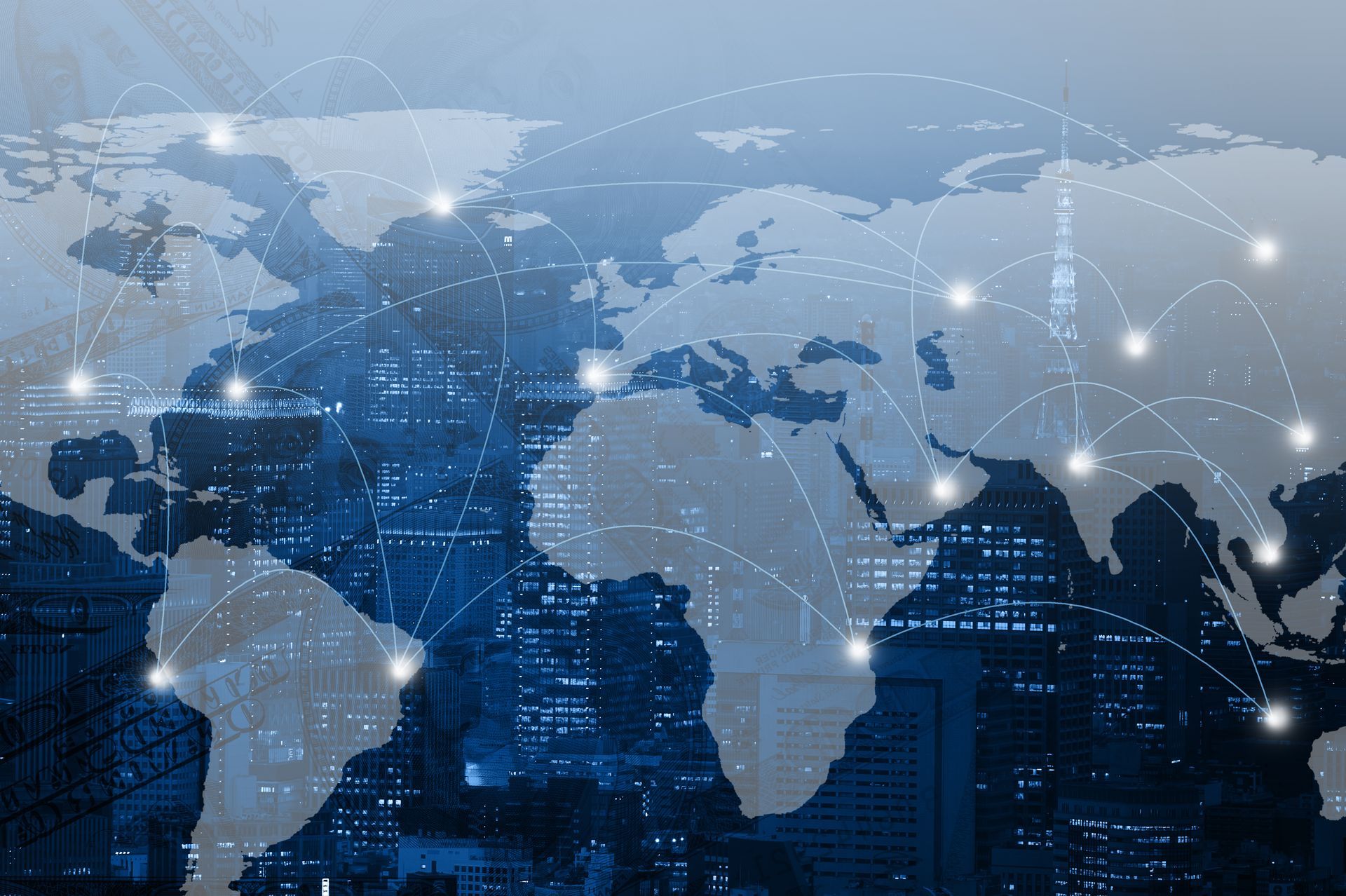 Double exposure world map and connection line on city background. Elements of this image furnished by NASA.