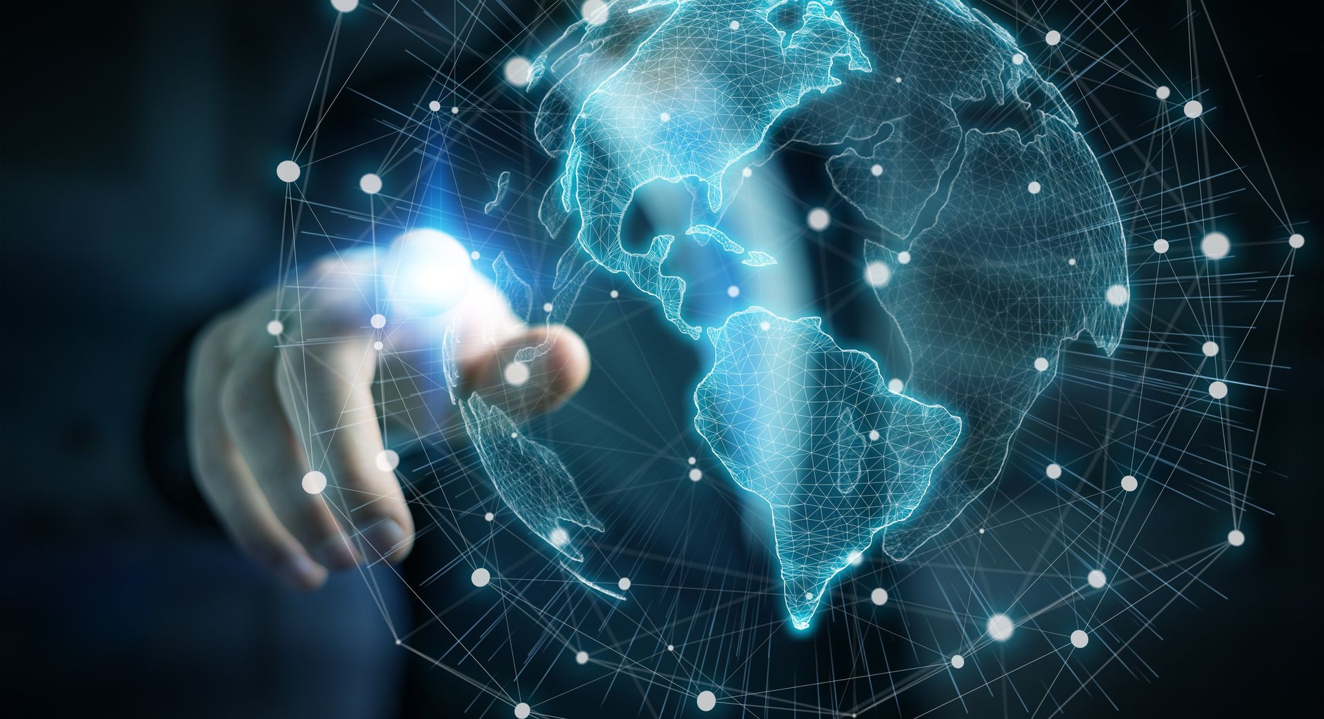 Businessman on blurred background using USA world map interface 3D rendering.