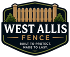 West Allis Fence Logo with Black and Gold Badge Emblem, Wooden Fence Graphic, Landscaping, and Company Name in West Allis, WI