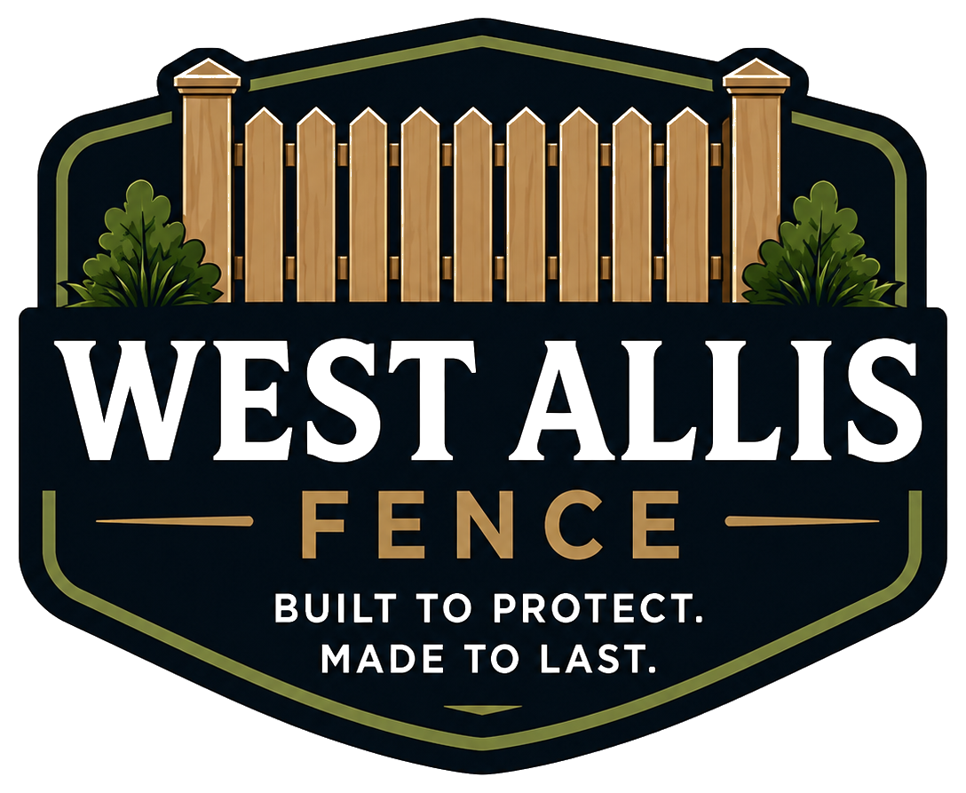 West Allis Fence Logo with Black and Gold Badge Emblem, Wooden Fence Graphic, Landscaping, and Company Name in West Allis, WI