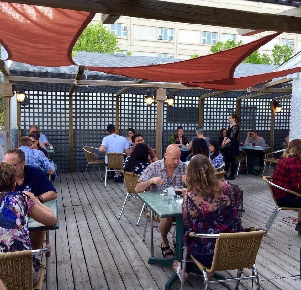 outside patio with customers eating at tables